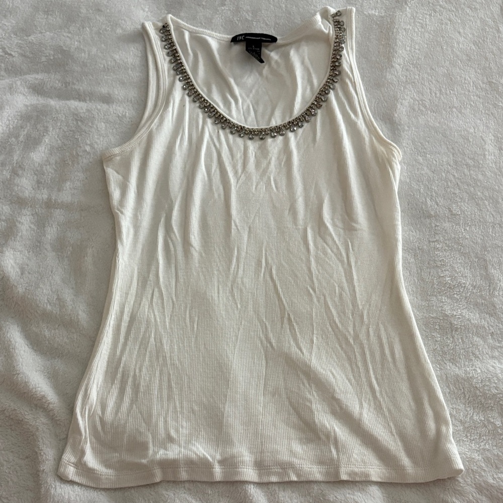 INC International Concepts White Tank Top with Silver Embellishments